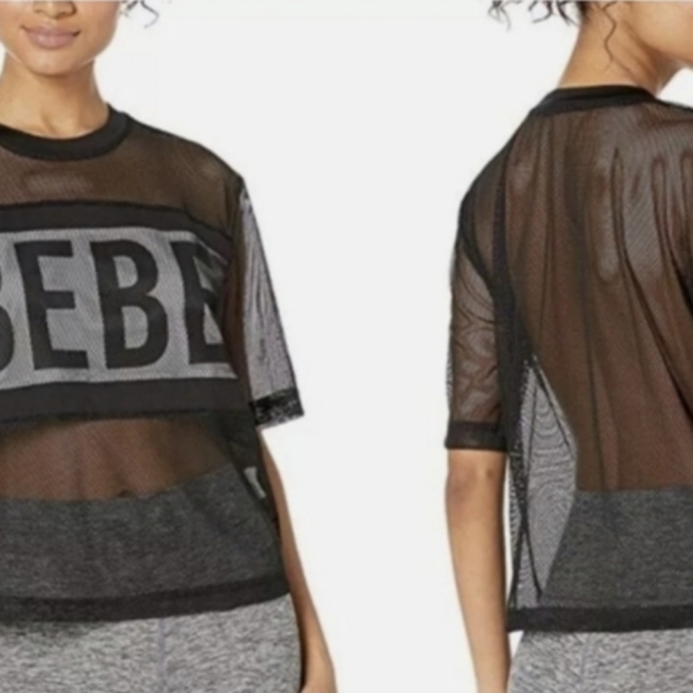 Bebe Sport Black Mesh Logo Active Top Boxy T-Shirt